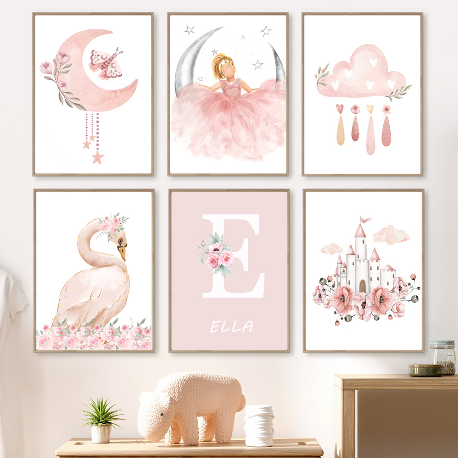 Baby Nursery Animal Prints - Pink Angel Girl Sun Moon Cloud