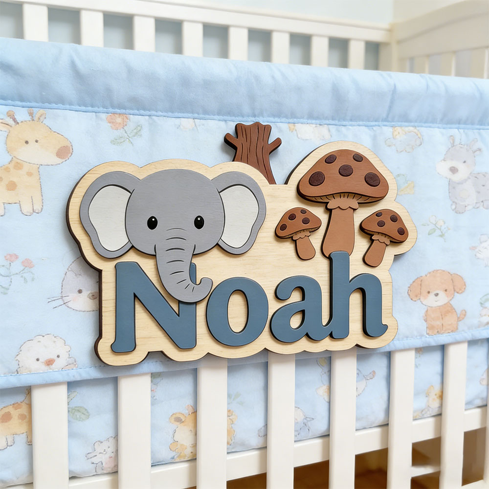 Baby Nursery Elephant Theme - Personalizowana drewniana tabliczka na drzwi z