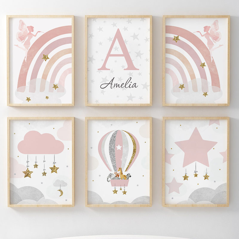 Baby Nursery Animal Prints - Różowy Aniołek Dziewczynka Tęcza Obraz na