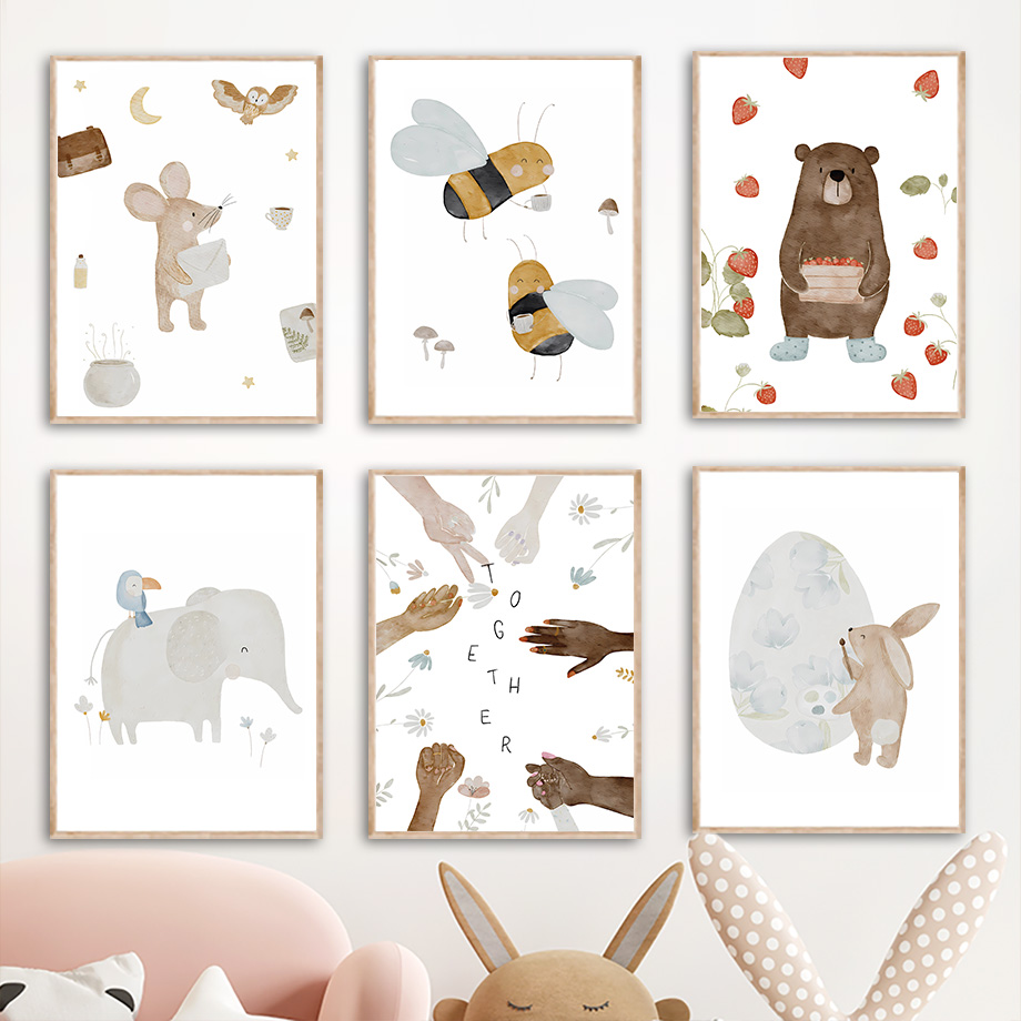 Baby Nursery Animal Prints - Boho Zwierzęta Przyjaciele Słoń Królik Niedźwiedź