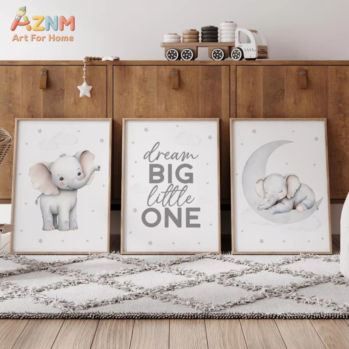 Baby Nursery Elephant Theme - Zestaw obrazków do pokoju dziecięcego AZNM