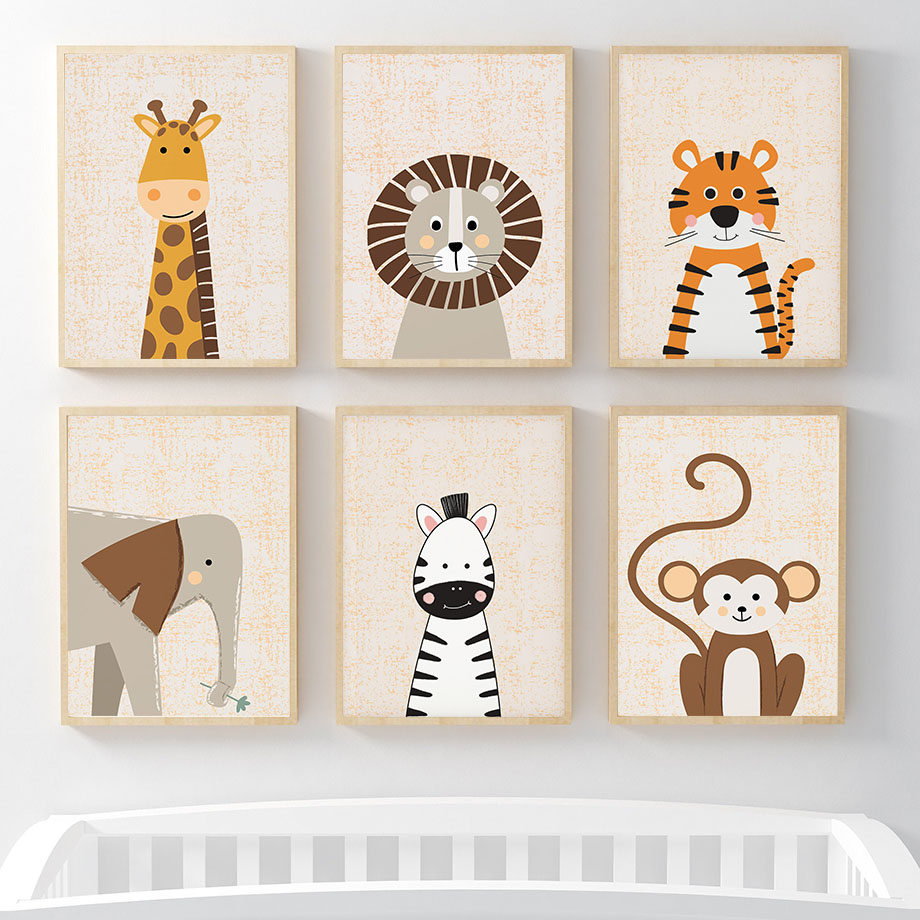 Baby Nursery Animal Prints - Lew Żyrafa Słoń Zebra Małpa Obraz