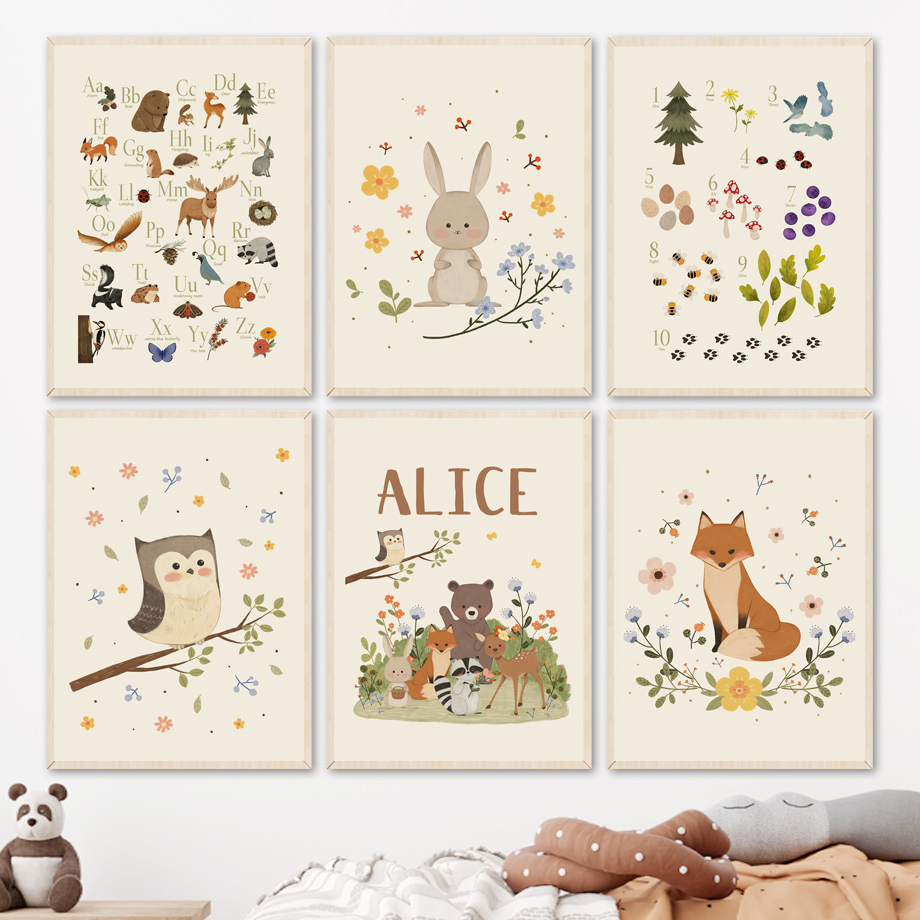Baby Nursery Animal Prints - 1 szt. bezramowy, uroczy królik, lis,