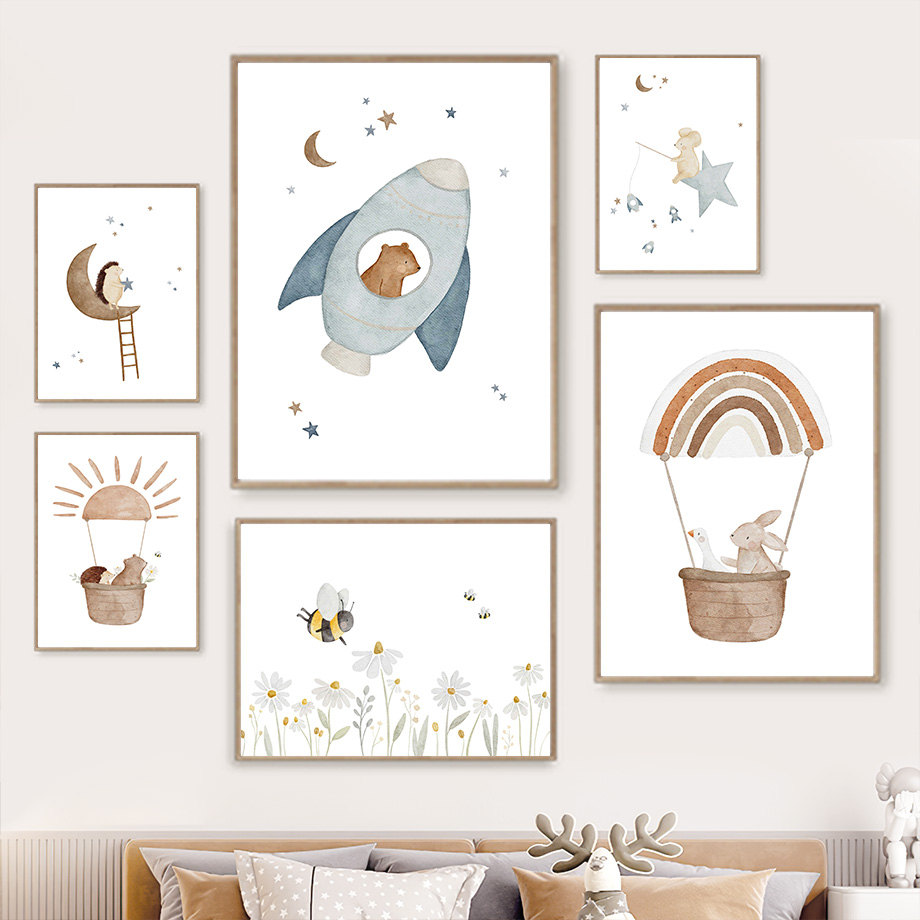 Baby Nursery Animal Prints - Zwierzęta kreskówkowe Mural artystyczny ścienny królik