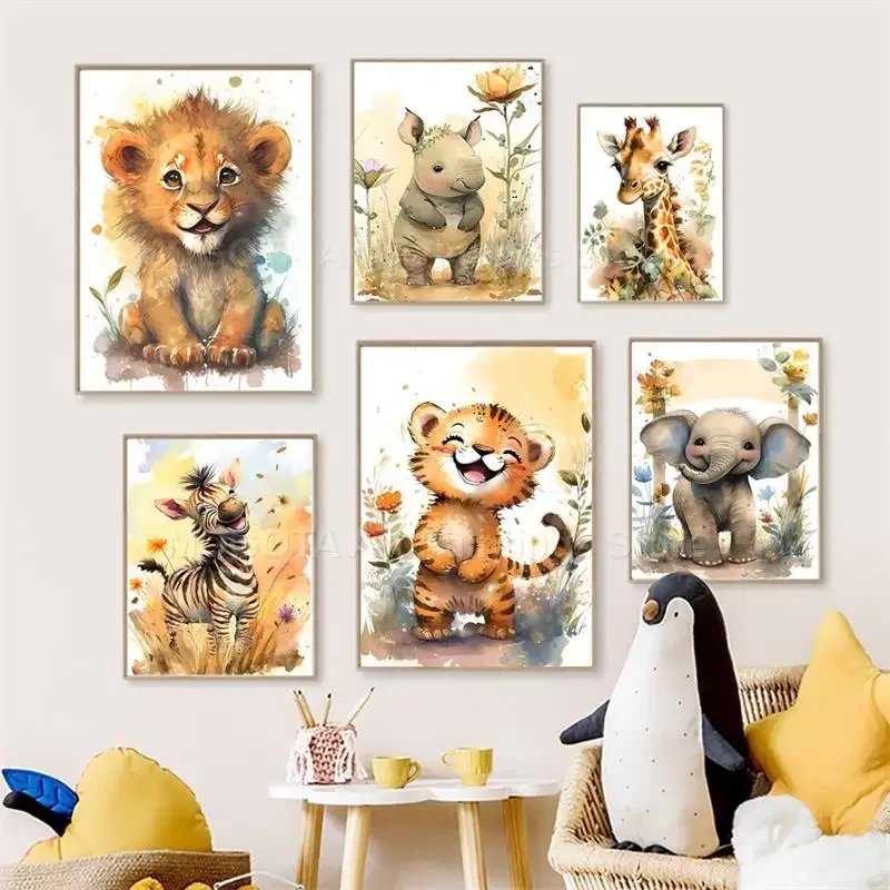 Akwarelowe Lwy Żyrafy Tygrysy  – Baby Nursery Animal Prints recenzja i cena