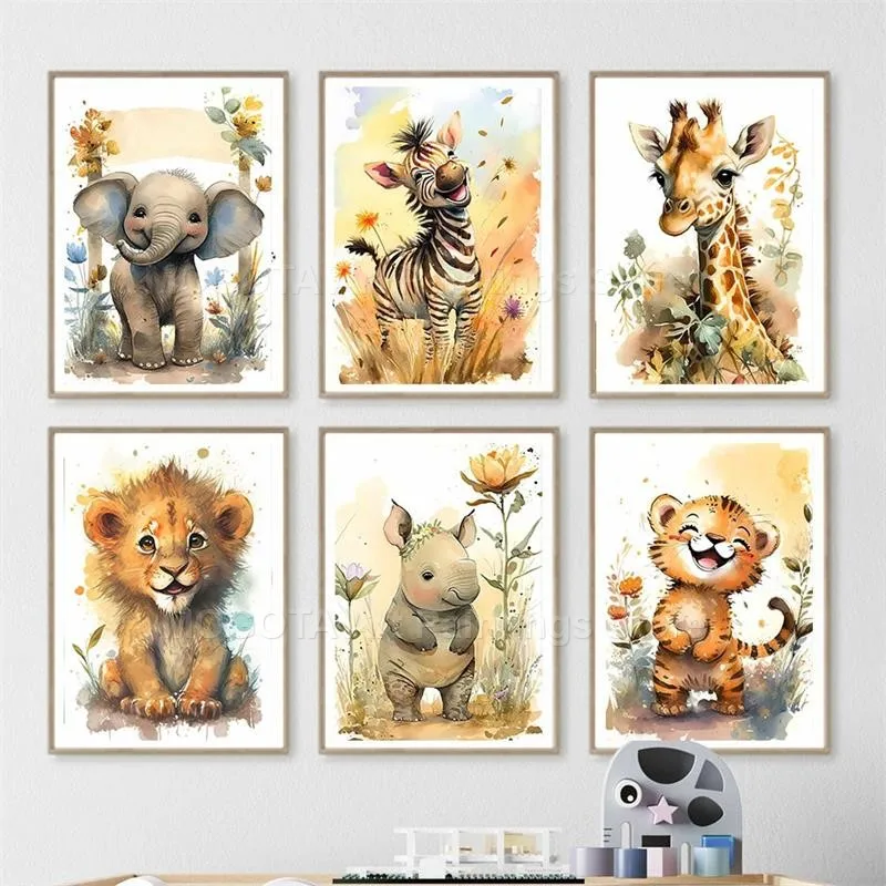 Akwarela Lew Żyrafa Tygrys Sło – Baby Nursery Animal Prints recenzja i cena