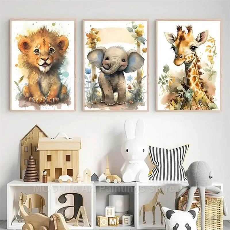Akwarela Lew Żyrafa Tygrys Sło – Baby Nursery Animal Prints recenzja i cena