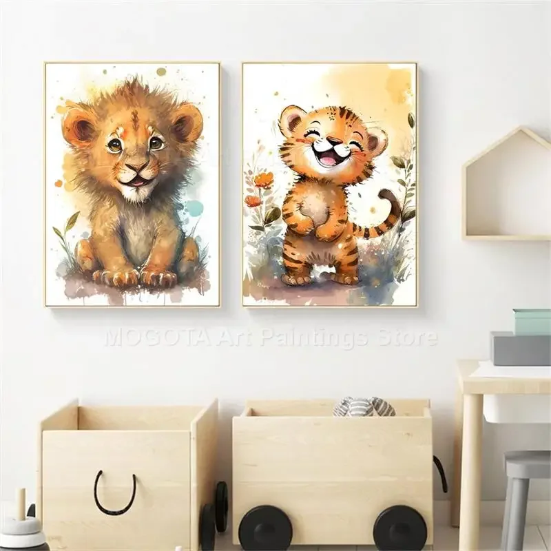 Akwarela Lew Żyrafa Tygrys Sło – Baby Nursery Animal Prints recenzja i cena